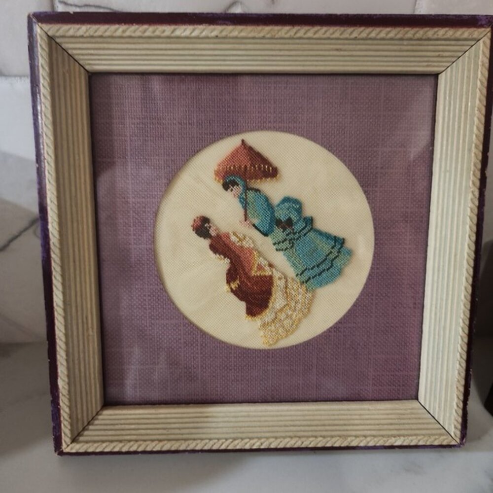 1940s Framed Vintage Cross Stitch Art Two Ladies Umbrella Purple Mat‎ Victorian